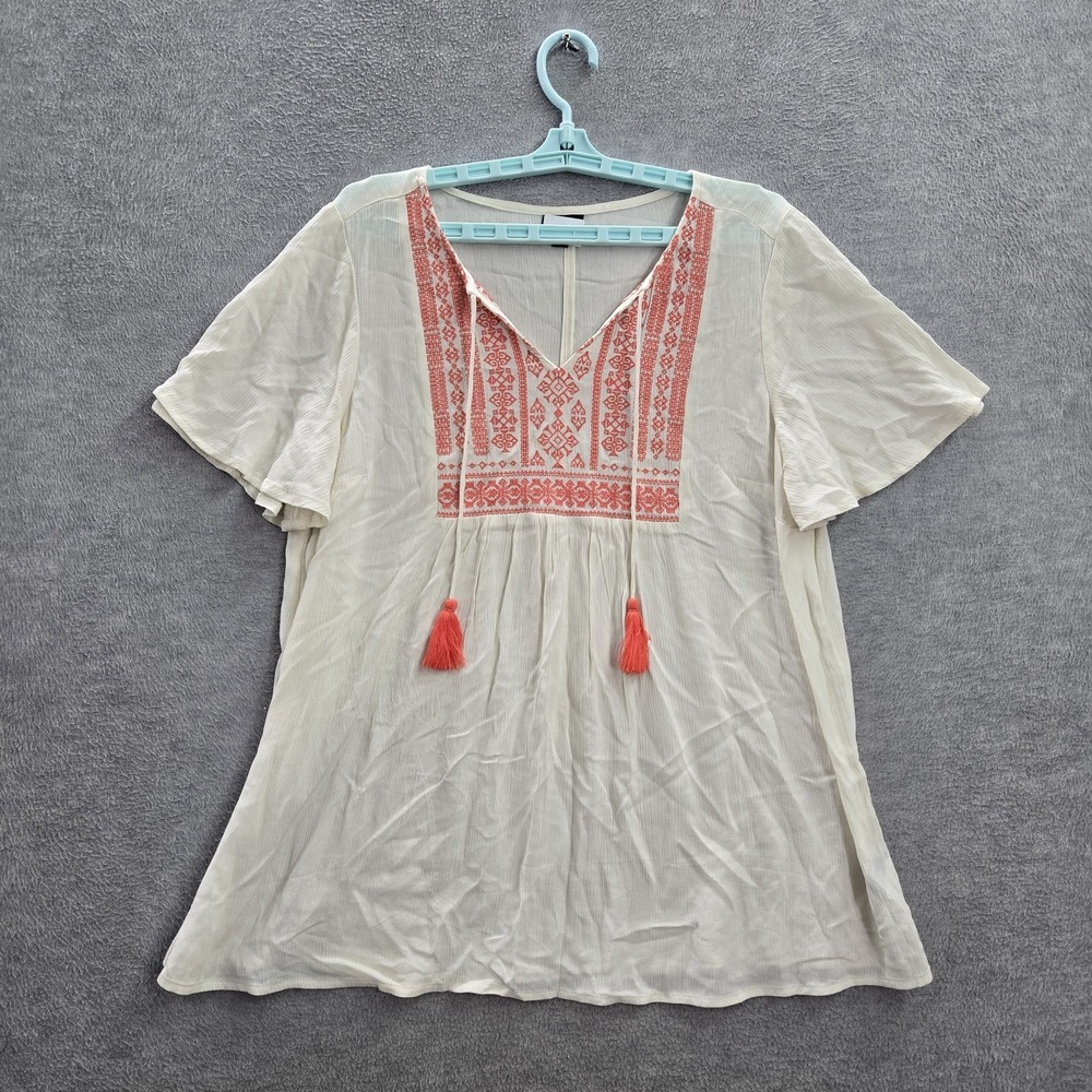 Torrid Women Blouse 0 Ivory Geometric Bohemian Crinkle Gauze Embroidered Tassel‎